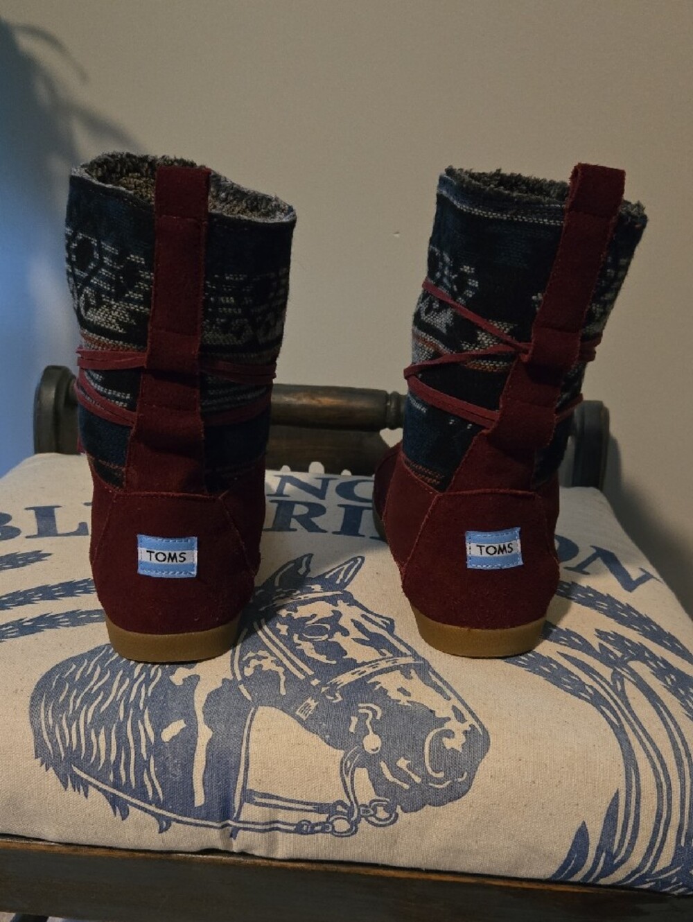 Toms Women's Burgundy Red Suede Winter Boots with Patterned Knit Cuff - Picture 2 of 8